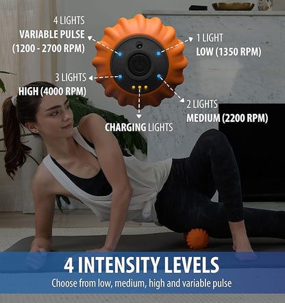 Zyllion Vibrating Peanut Massage Ball with 4 Modes - Cordless Rechargeable Electric Deep Tissue Massager Roller for Muscle Pain Relief, Orange, ZMA-30