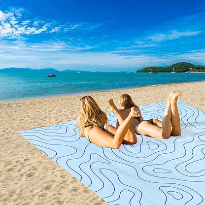 110''×118'' Beach Blanket for 2-8 Adults, Polyester Waterproof Sandproof Beach Mat with 4 Stakes & Storage Bag, Oversized Compact Foldable Blue Outdoor Pocket Blanket for Picnic, Travel, Camping
