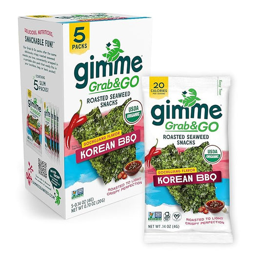 Gimme Seaweed Grab & Go Organic Premium Roasted Seaweed Snacks, Korean BBQ, 5 Count Trayless, Keto