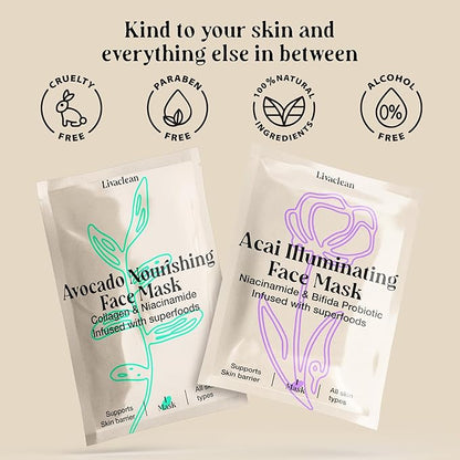 LivaClean 12 CT Face Masks Skincare - Collagen Sheet Mask - Hydrating Face Masks Bulk with Glycerin, Hyaluronic Acid, Aloe Vera - Soothing, Refreshing, Moisturizing Formula for All Skin Types