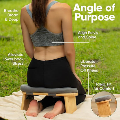 Meditation Chair w/ Extra Thick Cushion - Portable Bamboo Meditation Bench w/ Magnetic Locking Hinge - Anterior Tilt Seiza Bench Ideal for Comfortable & Stable Meditation - Sleek Canvas Kneeling Chair