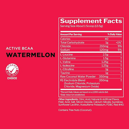 Rule 1 Active BCAA - Performance, Hydration, and Recovery Support with 5g BCAAs + Electrolytes, L-Glutamine, and Citrulline (30 Servings, Watermelon)