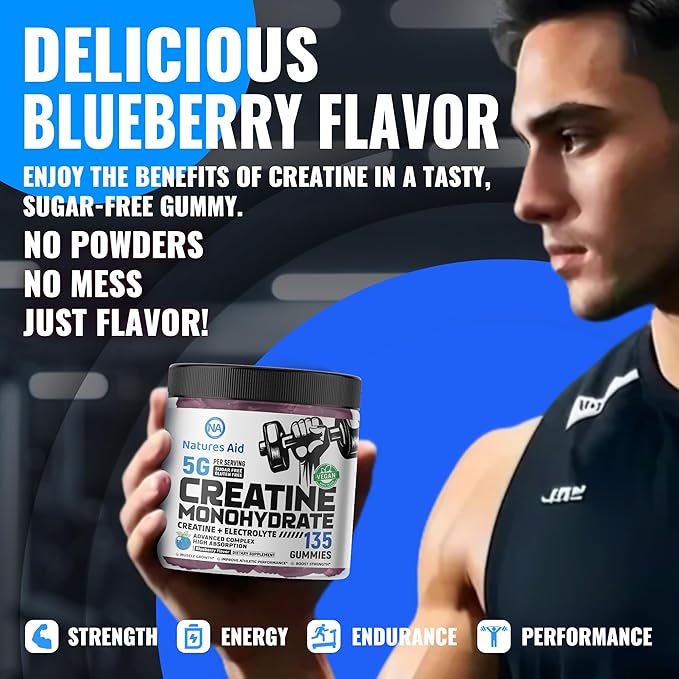 Creatine Monohydrate Gummies (5g) – Pre-Workout Energy & Muscle Growth Support for Men & Women | Blueberry Electrolyte Gummies (135 Count)