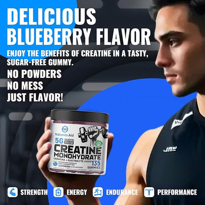 Creatine Monohydrate Gummies (5g) – Pre-Workout Energy & Muscle Growth Support for Men & Women | Blueberry Electrolyte Gummies (135 Count)