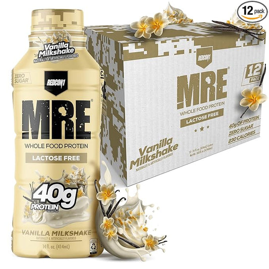 REDCON1 MRE Ready to Drink Protein Shake, Vanilla Milkshake - Lactose + Whey Free RTD 40gr Protein