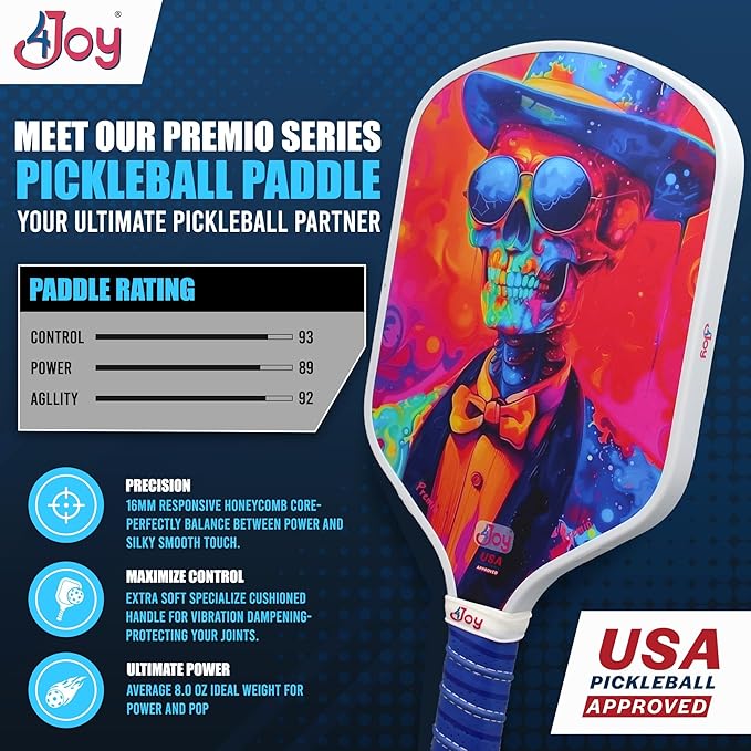 4Joy Pickleball Paddle Premio Series - Thermoformed Premium T700 Carbon Fiber Pickleball Paddless - Professional Pickleball Rackets for Women & Men - 16mm Honeycomb Core - USAP Approved