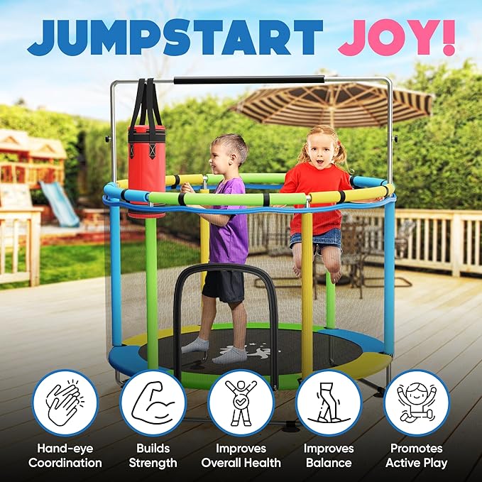 Toddler Trampoline for Kids Ages 3-8 - 5 ft Toddler Trampoline with Net, Basketball Hoop, Ocean Balls, Boxing Bag, Hammock - Indoor and Outdoor for Kids, Backyard