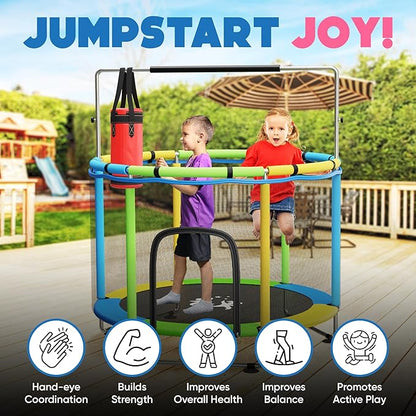 Toddler Trampoline for Kids Ages 3-8 - 5 ft Toddler Trampoline with Net, Basketball Hoop, Ocean Balls, Boxing Bag, Hammock - Indoor and Outdoor for Kids, Backyard
