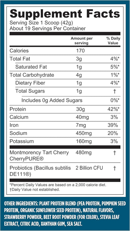 Vega Sport Vegan Protein Powder + Recovery - 30g Plant Based Protein per Serving, Berry, 19 Servings, 5g BCAAs, Probiotics, NSF Certified, For Shakes & Smoothies, 1.8lbs (Packaging May Vary)