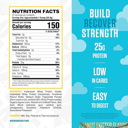 RYSE Loaded Protein Powder - Skippy Peanut Butter - 25g Whey Protein Isolate & Concentrate with Prebiotic Fiber & MCTs - Low Carb, Low Sugar, Digestive-Friendly - 20 Servings / 1.5 lb Tub