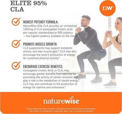 NatureWise CLA 1300 - 95% Active Conjugated Linoleic Acid for Women and Men, Not Stimulating, Supports Weight & Fitness Goals - Non-GMO, Gluten Free - 180 Softgels[2-Month Supply]