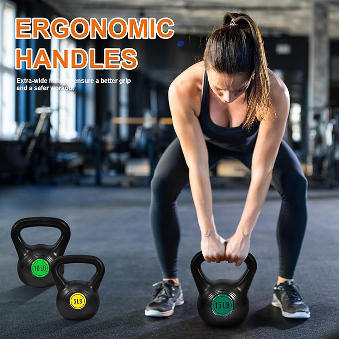 Fitvids Wide Grip 3-Piece or 4-Piece Kettlebell Exercise Fitness Weight Set, Include 5 lbs, 10 lbs, 15 lbs and 20 lbs, Set of 3 or Set of 4