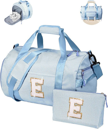 Daughter Gift from Mom, Girl Gym Bag, Kids Initial Overnight Duffel Bags with Shoe Compartment, Personalized Travel Bag with Makeup Pouch, Preppy Things for Preteen (Letter E)