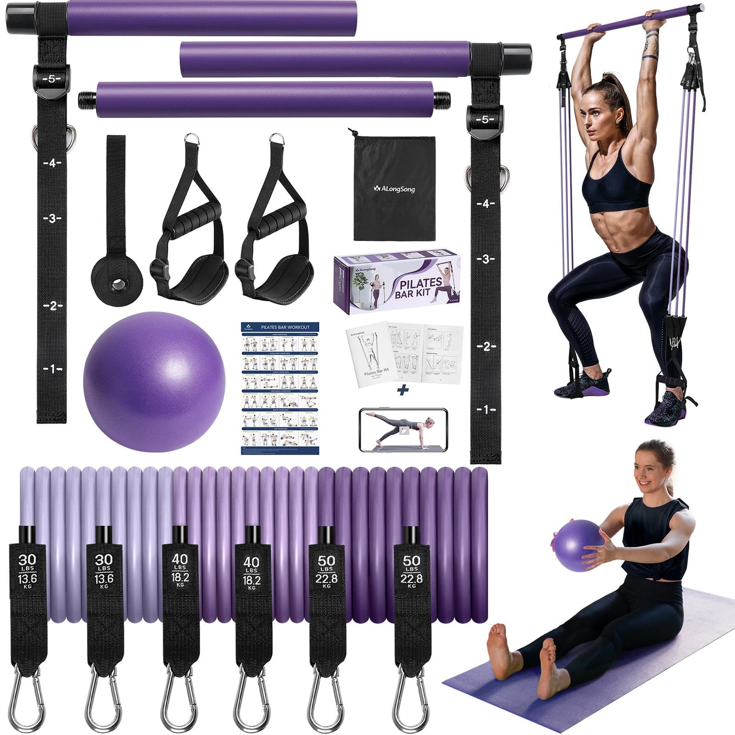 ALongSong Upgraded Pilates Bar Kit with Resistance Bands Natural Latex, Heavy-Duty Stainless Steel