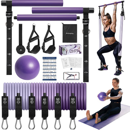 ALongSong Upgraded Pilates Bar Kit with Resistance Bands Natural Latex, Heavy-Duty Stainless Steel