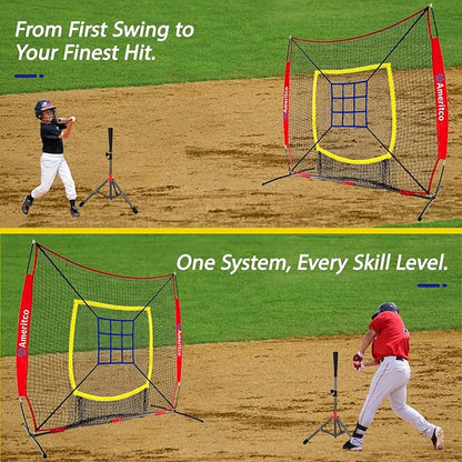 Baseball Net，7x7ft Baseball Practice Net with Tee and Target, Large Pocket Sports net for Hitting/Batting/Pitching/Throwing,Scratch Resistant Base,Indoor/Outdoor Versatile Use for All Levels