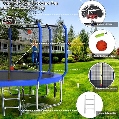 Upgraded Trampoline 8FT/10FT/12FT/14FT With Basketball Hoop, Light, Sprinkler, Stakes - Outdoor Backyard for 4-6 Kids and Adults