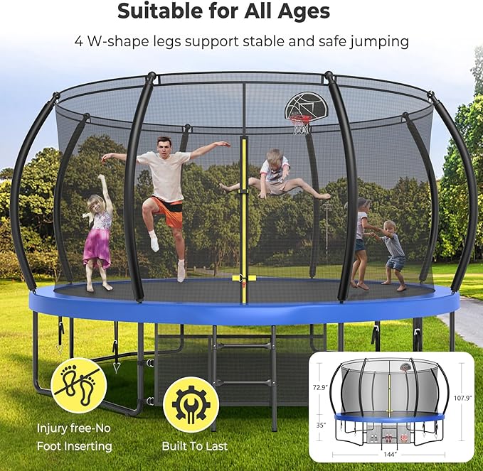 12 14 15 16FT Trampoline Outdoor with Basketball Hoop, Trampoline with Lights for Kids and Adults, Recreational Trampolin with Sprinkler, Stakes