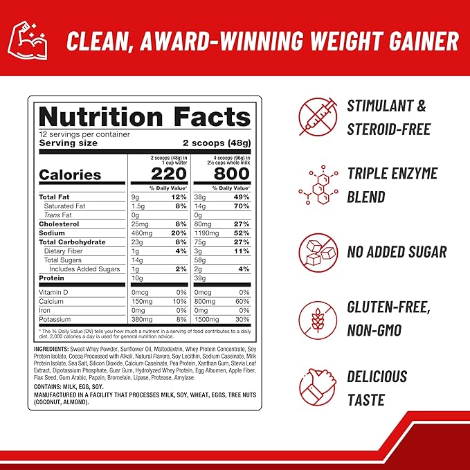 Naturade - All Natural Weight Gain Drink Mix - Gluten Free, Delicious Taste, 1600 Calories per Servings - Mass Gainer w/Carbohydrates & Protein - Chocolate, 20.3 Ounce (12 Servings).