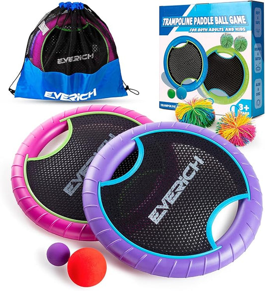 EVERICH TOY Trampoline Paddle Ball Set with 2 Bouncy Paddles & 4 Balls - Soft Foam Design for Kids