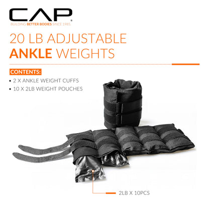 CAP Barbell HHA-CB020A1 20-Pound Pair Adjustable Ankle Weights, Black