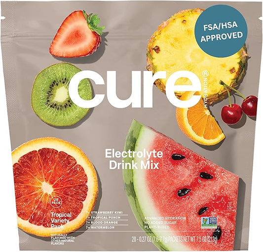 Cure Hydration | Plant-Based Electrolyte Drink Mix | No Added Sugar | FSA-HSA | Dehydration Relief