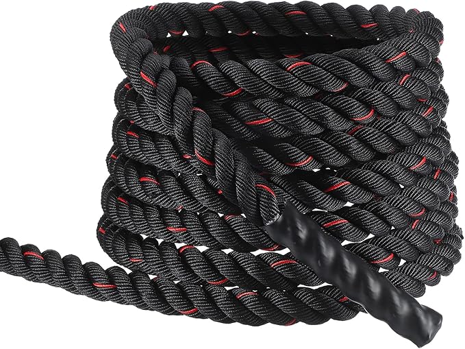 MECCANIXITY Battle Rope 30ft x 1.5 Inch Polyester Workout Rope Heavy Fitness Exercise Rope for Strength Training Home Gym Muscle Building, Black Red