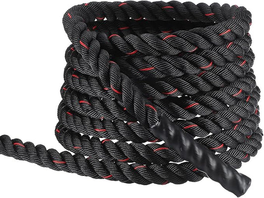 MECCANIXITY Battle Rope 30ft x 1.5 Inch Polyester Workout Rope Heavy Fitness Exercise Rope for Strength Training Home Gym Muscle Building, Black Red