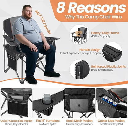 2 Pack Heavy Duty Oversized Camping Chair for Adults 400lbs w/Lumbar Support - Folding Chairs with Side Pocket, Cup Holder & Cooler Bag for Beach, Fishing, Lawn, Backyard Black