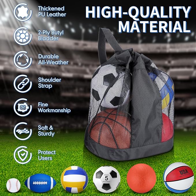 Libima 6 Pcs Multi Sport Ball Set Official Size Football, Basketball, Soccer, Volleyball, Playground Ball, Baseball with Sports Equipment Bag Pump for Teen Adult Christmas School Gift