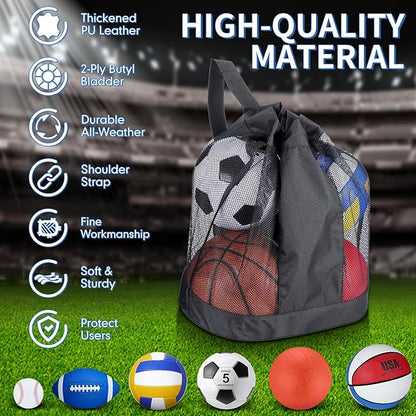 Libima 6 Pcs Multi Sport Ball Set Official Size Football, Basketball, Soccer, Volleyball, Playground Ball, Baseball with Sports Equipment Bag Pump for Teen Adult Christmas School Gift