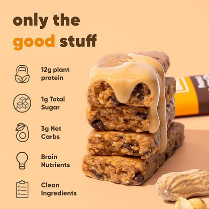 IQBAR Brain and Body Plant Protein Bars - Peanut Butter Chip - 36-Count Low Carb - Gluten Free, High Fiber, Vegan Snacks - Low Sugar Meal Replacement