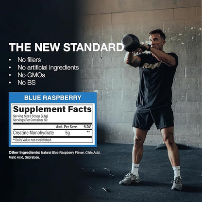 RAW Nutrition Creatine Monohydrate Powder, Blue Raspberry (30 Servings) - Micronized Creatine Monohydrate Supplement for Workout Performance, Build Muscle & Strength - Creatine Powder for Men & Women