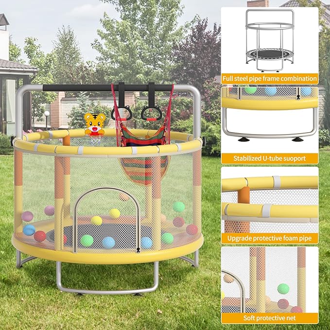 55" Small Trampoline for Kids, Telawah Indoor Outdoor with with Enclosure Net, Safety Enclosure, Round Jumping Mat with Basketball Hoops, Birthday Gifts for Children