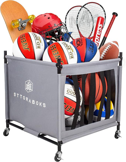 Sports Ball Storage Cart with Wheels, Lockable Ball Organizer Basket with Elastic Straps, Stackable Ball Cage for Garage Storage, Gym, Sports Equipment Storage Oxford Bin, Ball Case