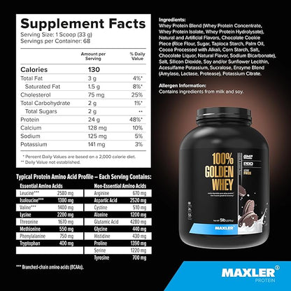 Maxler 100% Golden Whey Protein - 24g of Protein per Serving - Premium Whey Protein Powder for Pre Post Workout - Fast-Absorbing Whey Concentrate, Isolate & Hydrolysate Blend - Cookies & Cream 5 lb