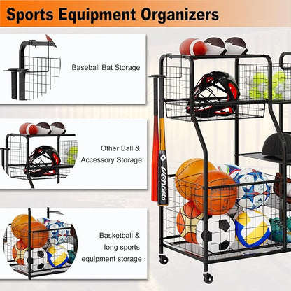 Garage Sports Equipment Organizer & Outdoor Toy Storage, Ball Storage Golf Organizer For Garage with Baskets, 5 Hooks