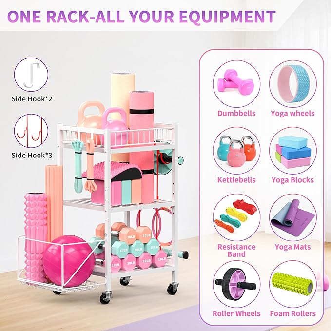 3-Tier Home Gym Storage Rack, Adjustable Yoga Mat Storage Rack, 250LBS Metal Workout Equipment Storage Cart with Large Basket & Lockable Wheels for Mats, Bands, Foam Rollers, Yoga Block (Rack Only)