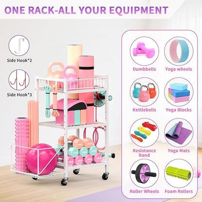 3-Tier Home Gym Storage Rack, Adjustable Yoga Mat Storage Rack, 250LBS Metal Workout Equipment Storage Cart with Large Basket & Lockable Wheels for Mats, Bands, Foam Rollers, Yoga Block (Rack Only)