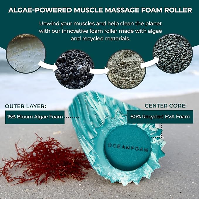 Oceanfoam Ripple Travel Foam Roller (11" x 3.35") Firm Mini Foam Roller for Physical Therapy, Deep Tissue Massage, Back Pain - High Density, Wave Textured - Yoga, Exercise (Jade & Seafoam Marbled)