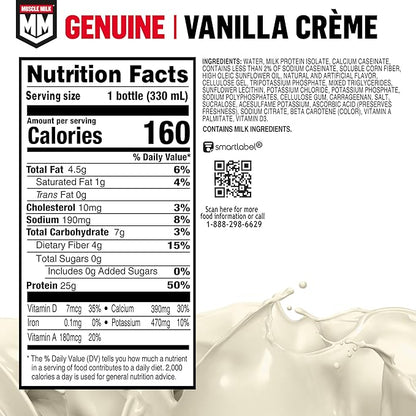 Muscle Milk Genuine Protein Shake, Vanilla Creme, 11.16 Fl Oz Bottle, 12 Pack, 25g Protein, Zero Sugar, Calcium, Vitamins A, C & D, 5g Fiber, Energizing Snack, Workout Recovery, Packaging May Vary