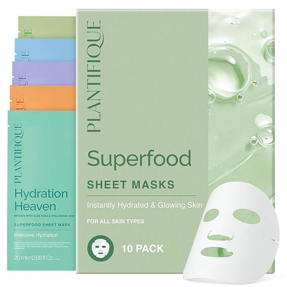 PLANTIFIQUE Superfood Facial Sheet Mask Variety Box 10 Pack ??2x Coconut, Aloe, Vitamin C, Centella & Collagen Face Masks ??Hydrating & Glow-Enhancing ??For All Skin Types