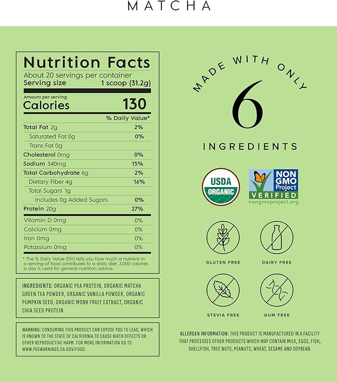 Truvani Vegan Pea Protein Powder | Matcha | 20g Organic Plant Based Protein | 20 Servings | Keto | Gluten & Dairy Free | Low Carb | No Added Sugar