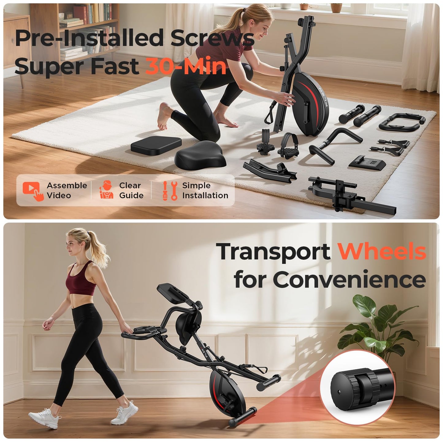 Pleny Folding Exercise Bike, 5 IN 1 Stationary Bikes for Home 6.6 LBS Flywheel, 330LB Weight