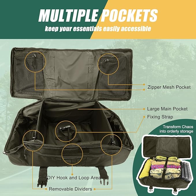 65L Large Travel Gym Duffle Bag with Tensile Strength Pom Buckle Military Tactical Backpack, Army Pack for Outdoor Sport with Molle System, Olive Green