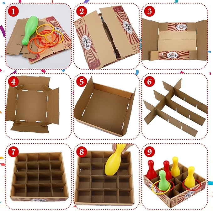 Wettarn Carnival Bottle Toss Game Ring Toss Games, Include a Circus Ticket Box 6 Plastic Bottles and 6 Throw Rings for Summer Carnival Outdoor Backyard Beach Party Activities