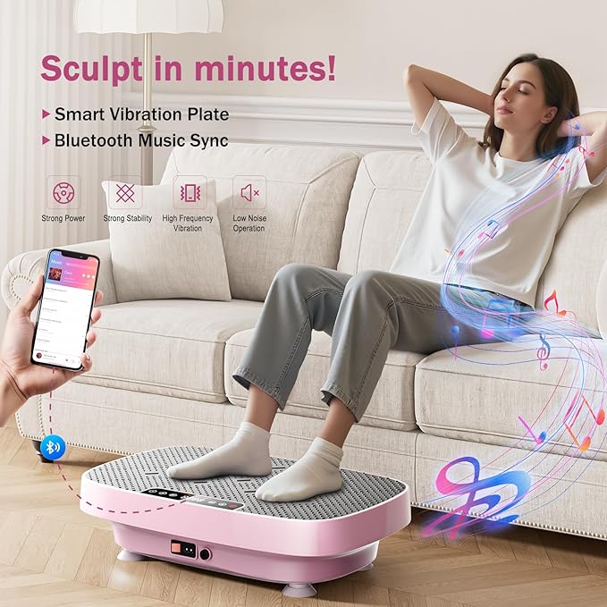 Vibration Plate Exercise Machine, Vibration Plate for Lymphatic Drainage & Body Toning, Whole Body Vibration Plate Platform with Bluetooth, Ultra-Quiet Home Gym Equipment, Resistance Bands