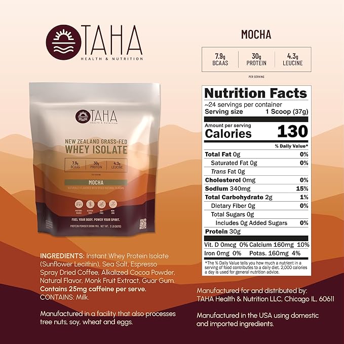 Taha Health & Nutrition Mocha Whey Protein Isolate Powder, 30g Protein, 7.9g BCAAs, 4.3g Leucine | New Zealand Free-Range, Grass-Fed Dairy | Gluten-Free, Keto, Kosher | 2LB, 24 Servings