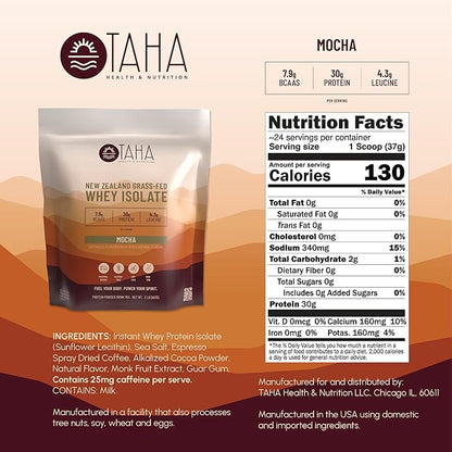 Taha Health & Nutrition Mocha Whey Protein Isolate Powder, 30g Protein, 7.9g BCAAs, 4.3g Leucine | New Zealand Free-Range, Grass-Fed Dairy | Gluten-Free, Keto, Kosher | 2LB, 24 Servings
