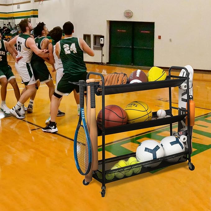 STORAGE MANIAC Basketball Rack 3-Shelf Training Stand Ball Holder Sports Ball Cart Garage Organizer Ball Basket Storage, Ball Rack for Garage or Gym, Indoor & Outdoor Sports Equipment Organizer